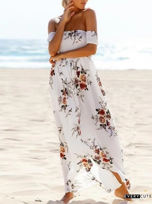 Fashion Floral Printed Off Shoulder Short Sleeve Maxi Dress