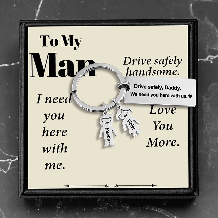 Personalized 3 Names Kid Charm Family Keychain for Him "Drive Safely, We Need You Here with Us"
