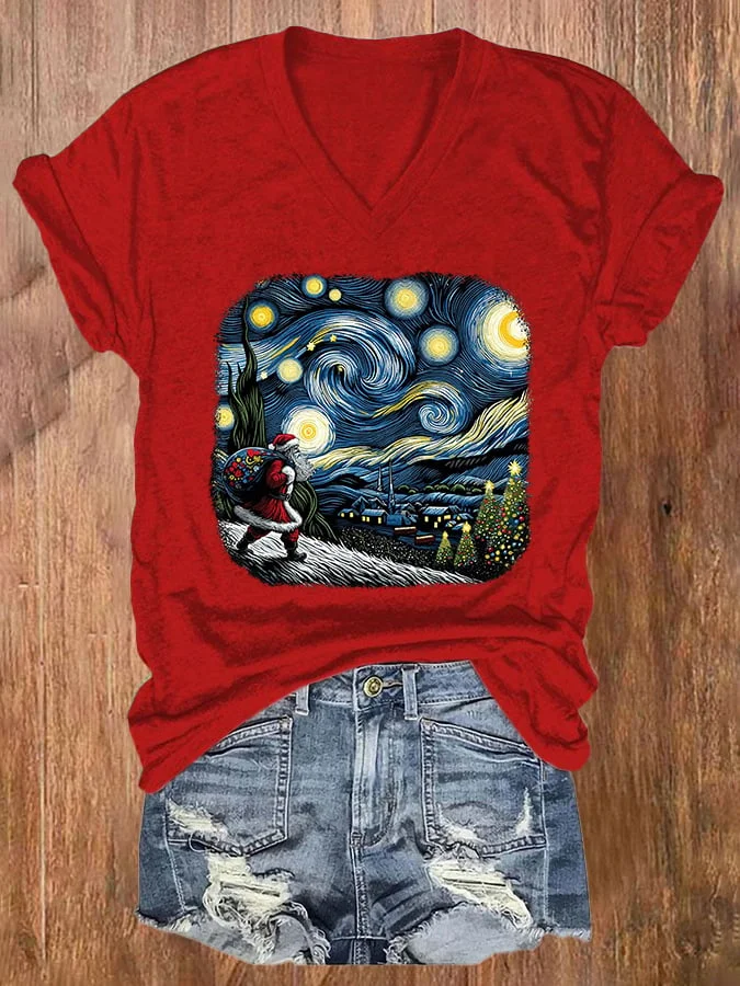V-neck Retro Christmas Starry Night Christmas Tree Santa Claus Print T-Shirt