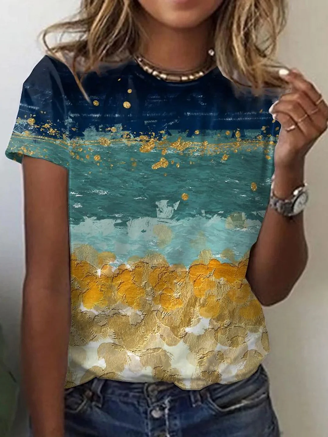 Women's Abstract Oil Paint Color Block Print T-shirt Top