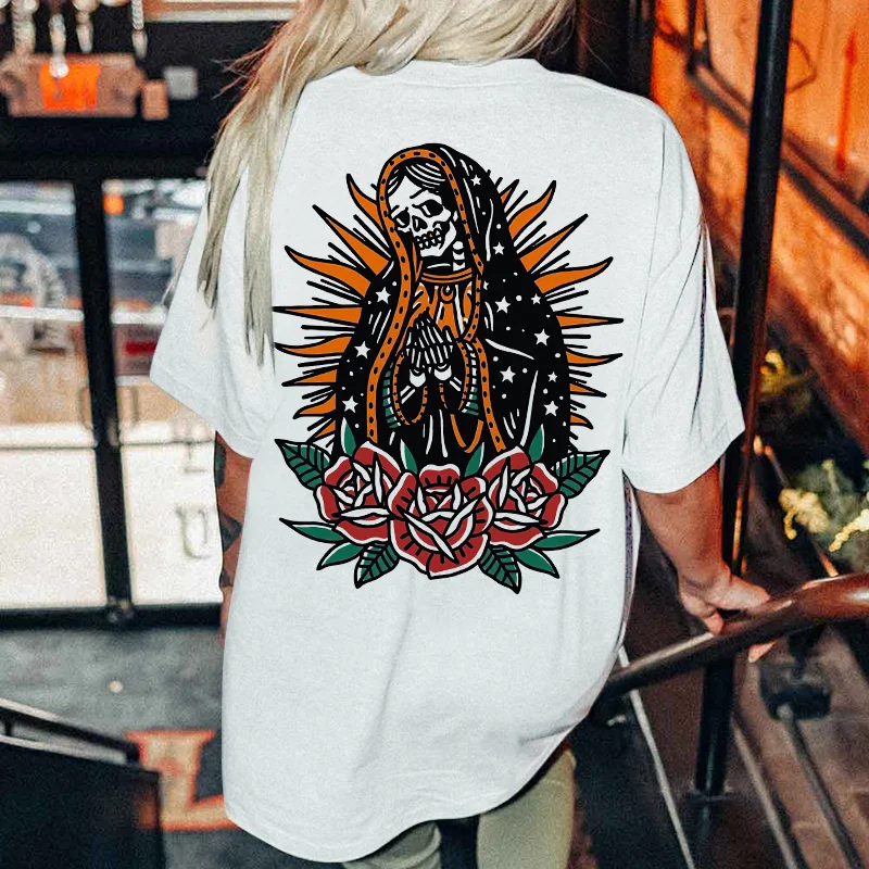 Skeleton And Flower Printed Trendy Oversized T-shirt - Krazyskull