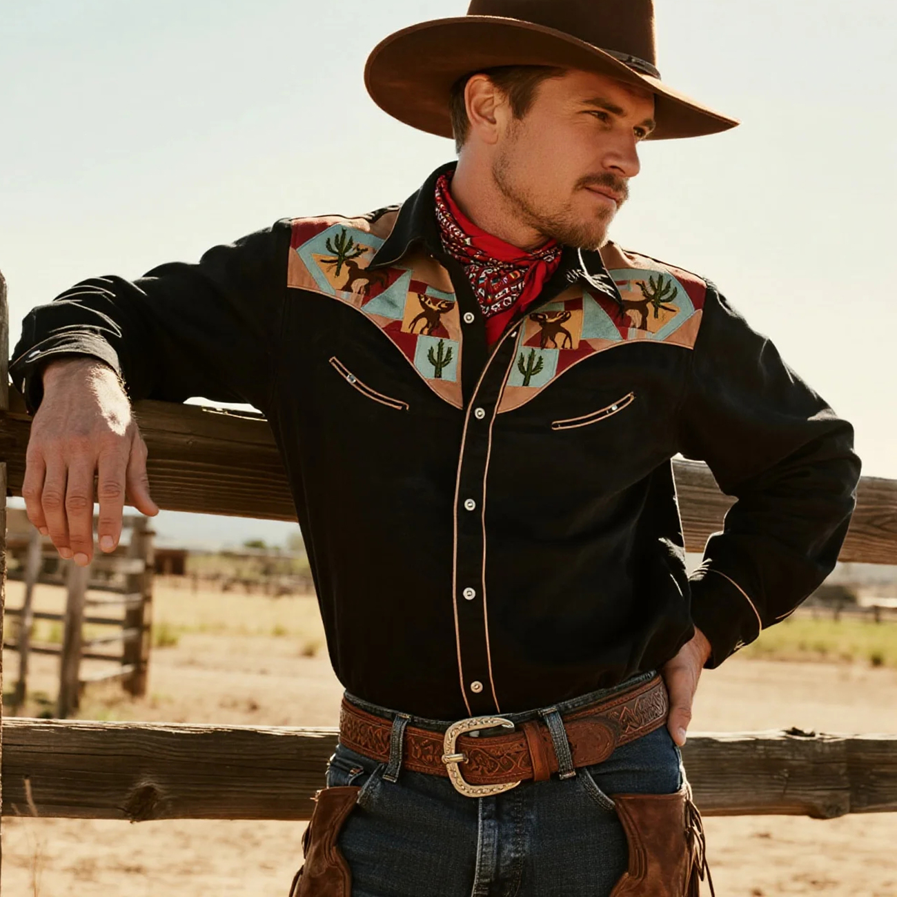 Retro Western Cowboy Style Contrast Color Stitching Long Sleeve Top