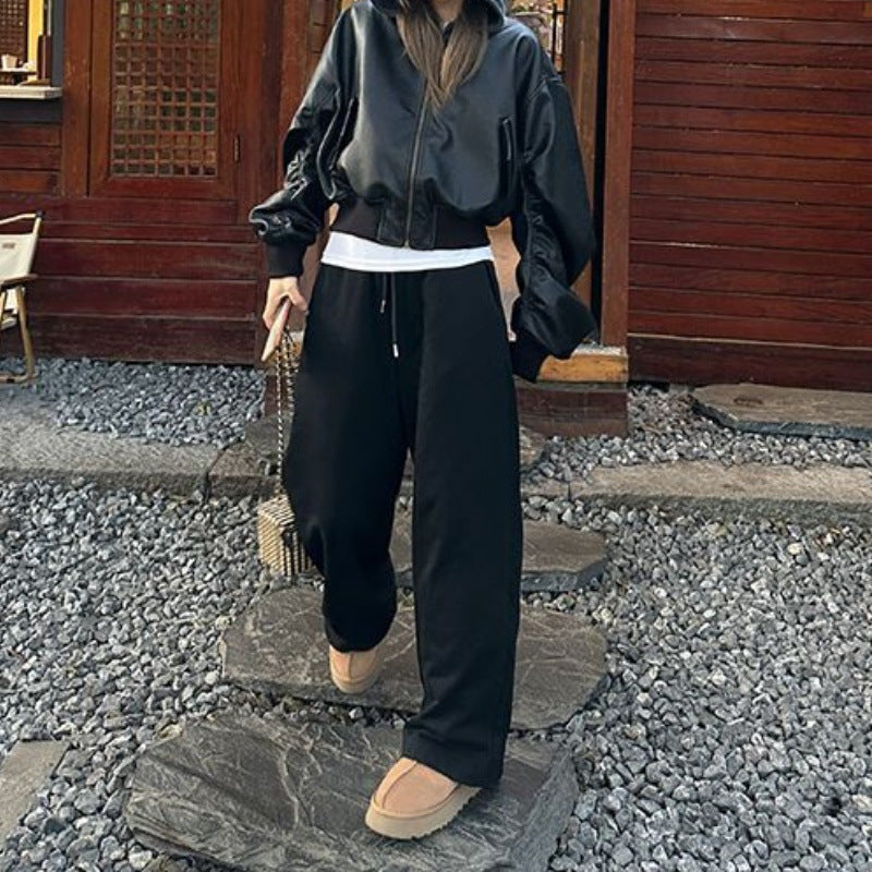 Aiertu going out outfits Leather Jacket Women's Korean-Style Two-Way Black Hooded Street Motorcycle Short Leather Jacket Cotton-Padded Jacket Winter aiertu