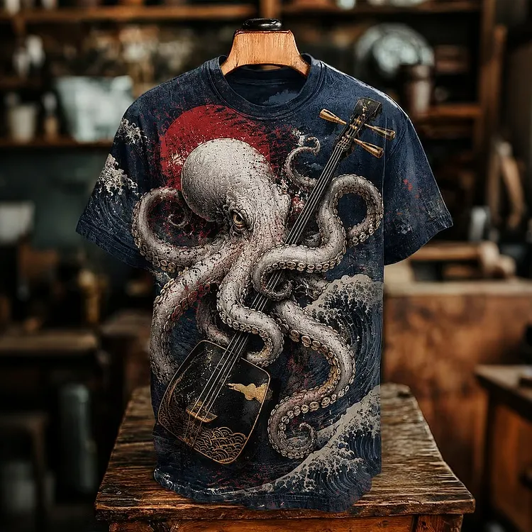 Men's Cthulhu Octopus Playing The Japanese Shamisen Print T-shirt