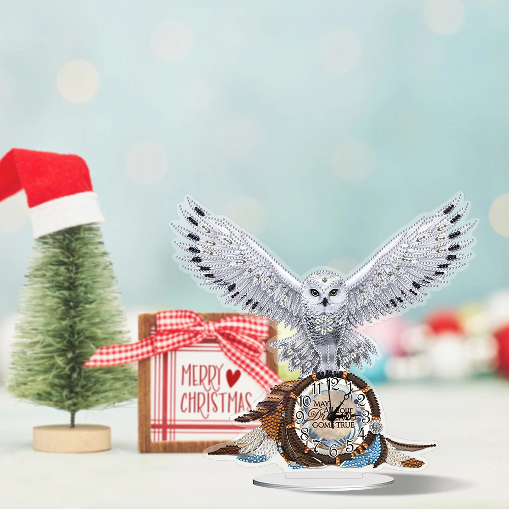 DIY White Owl Special Shape Acrylic Diamond Painting Clock Art Craft