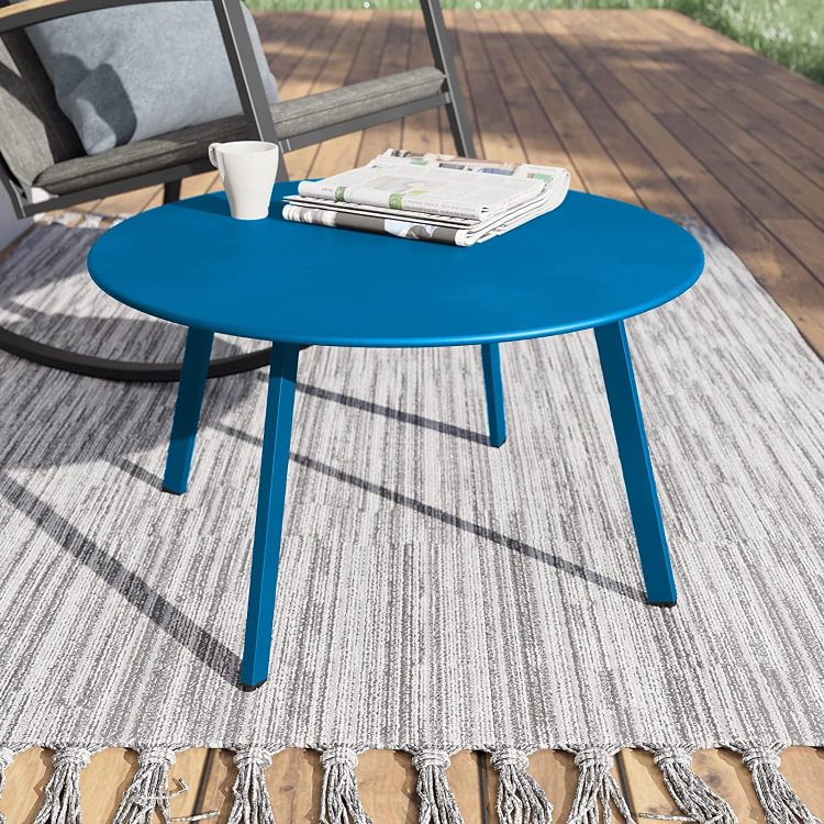 Round Steel Patio Coffee Table, Weather Resistant Outdoor Large Side Table (Peacock Blue)