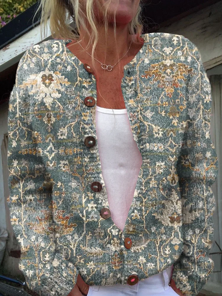 Vintage Art Print Buttoned Cardigan Sweater