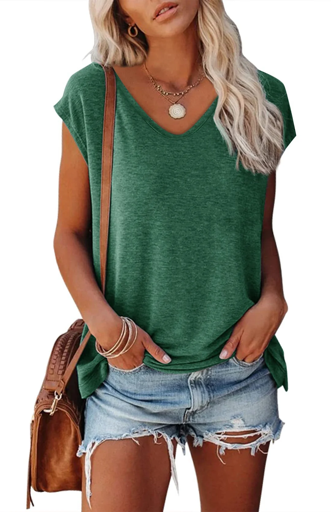 Brownm Color V-neck Cotton Blend Casual Loose Sleeveless Top Women's T-shirt