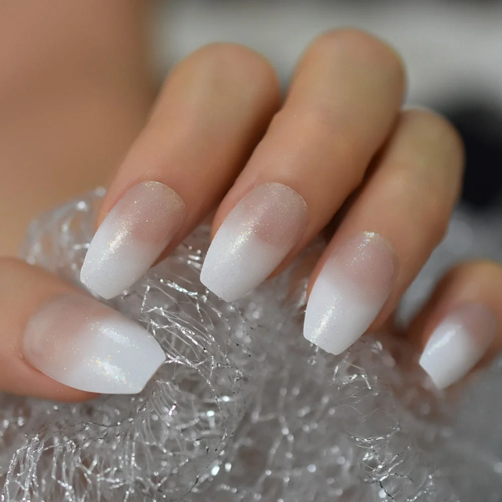 Shimmer Pure Silver Glitter French Nails Clear Spirit Flat Medium Acrylic Press On Nails Full Wraps including glue sticker-Nail Inspo