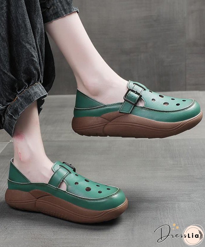Green Cowhide Leather 2024 New Hollow Out Flat Shoes