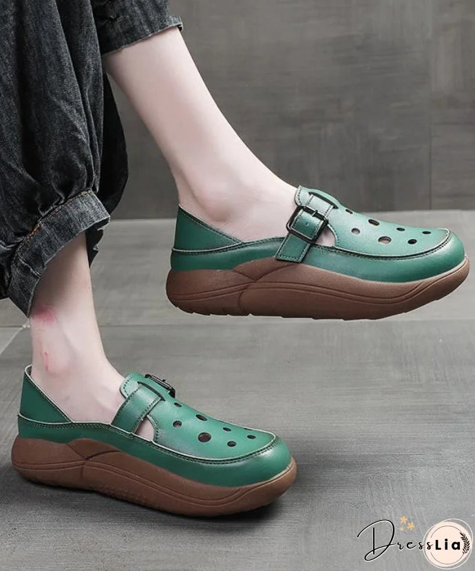Green Cowhide Leather 2024 New Hollow Out Flat Shoes