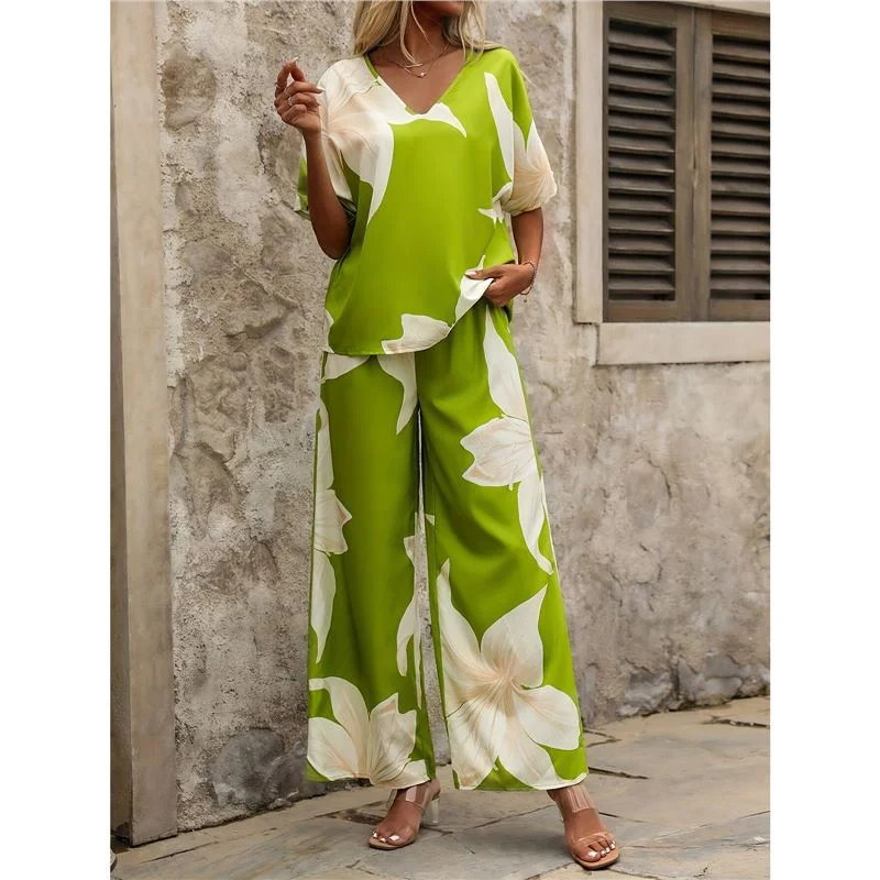 Athvotar Athvotar Summer Set Printing V-Neck Bat Sleeve Blouse Long Pants Fashion Two-Piece
