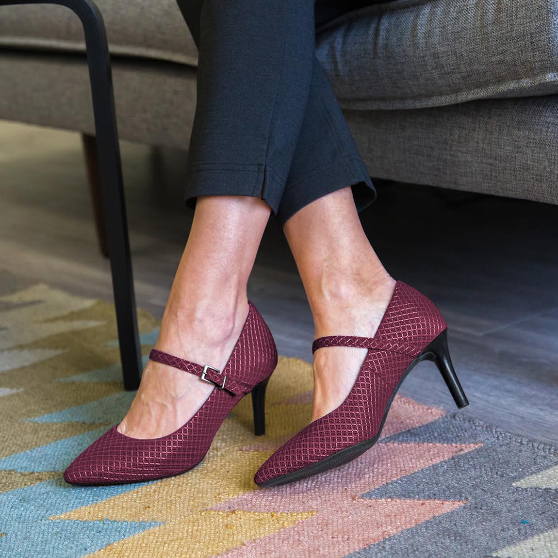 Women's Maroon Plaid Pointed Toe Buckle Strap Mary Jane Heels