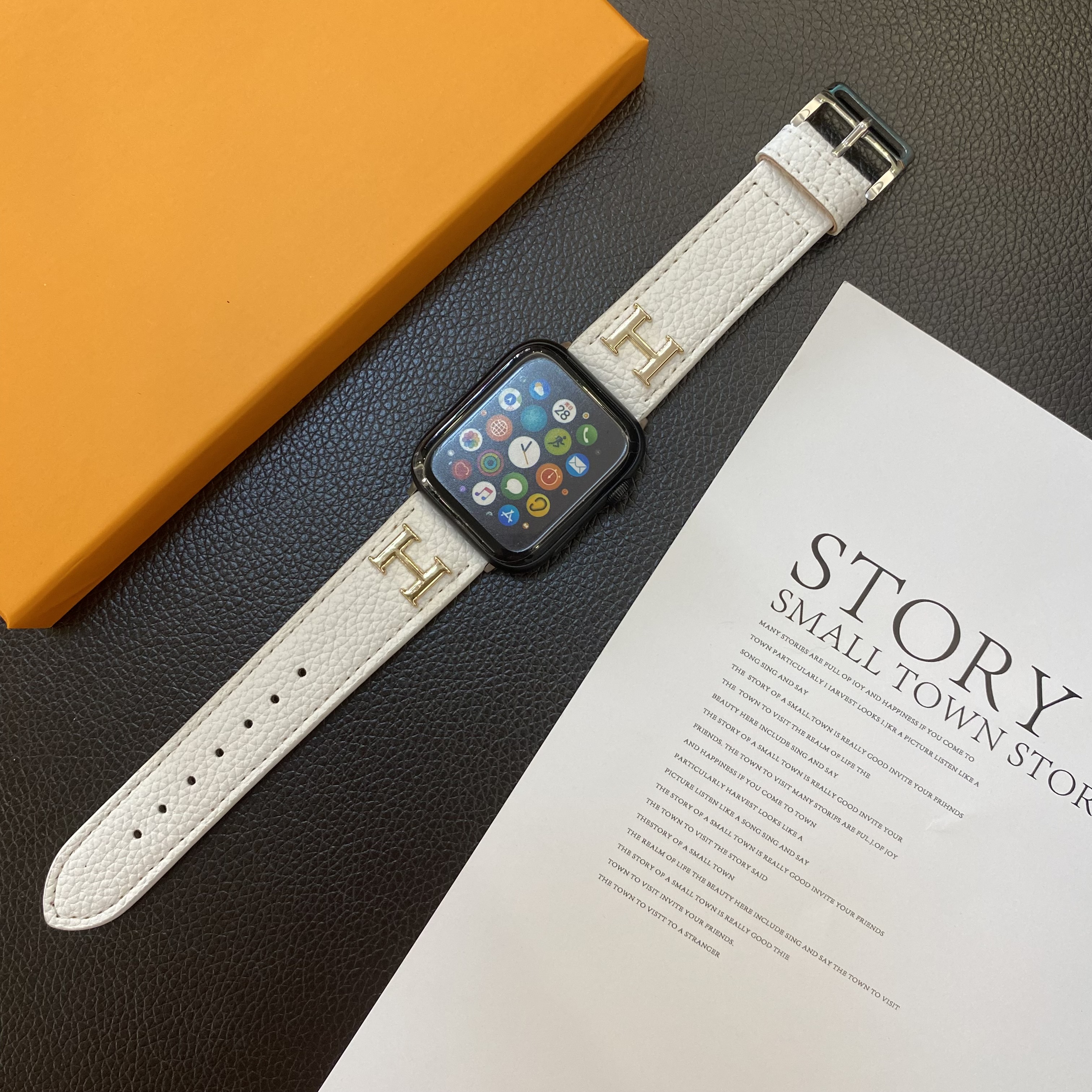 Hermes H Genuine Lychee Pattern Leather Apple Watch Strap