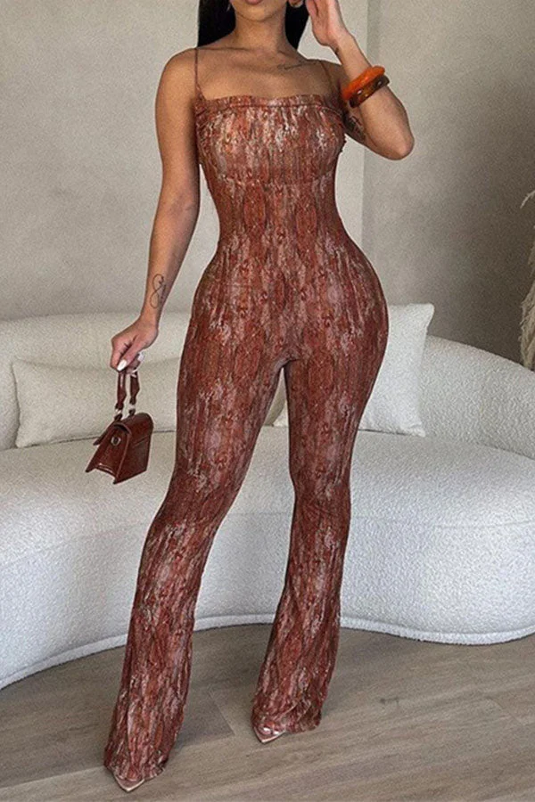 Abstract Print Spaghetti Strap Unusual See-Through Jumpsuit