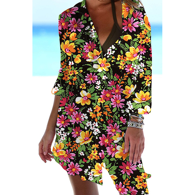 Myopiclunacy Colorful Floral Flower 3D Print Beach Blouses Women Long Sleeve Blusas Mid-length Shirts Buttons Shirt Woman Pocket Tops Blouse