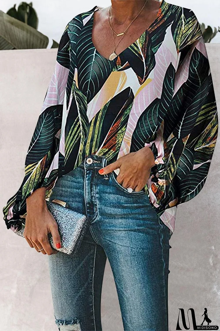 Boho Print Balloon Sleeve Blouse