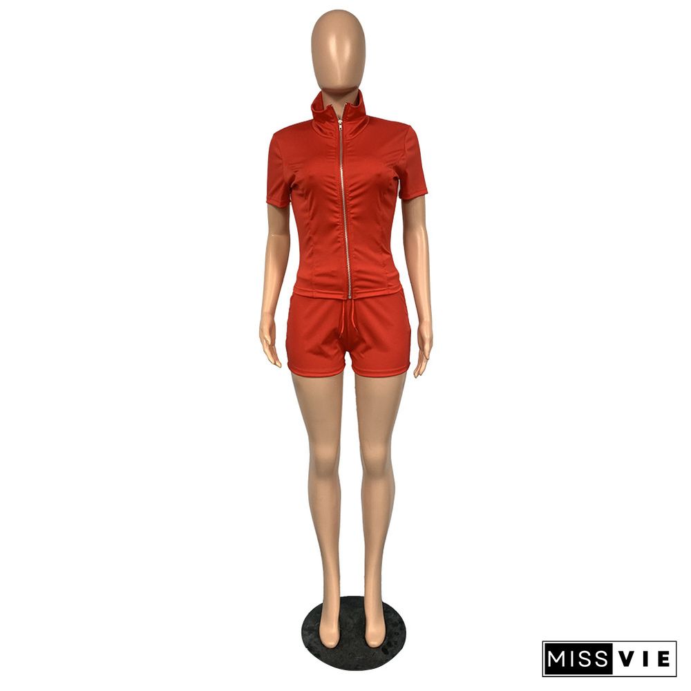 Short Sleeve Zipper Up Top Biker Shorts Tracksuit