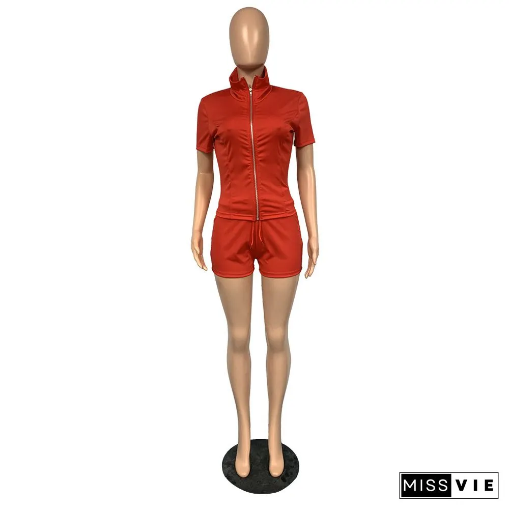 Short Sleeve Zipper Up Top Biker Shorts Tracksuit