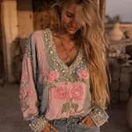 Women's Pink Rose Embroidered Denim Patchwork Linen Shirt - Image 2