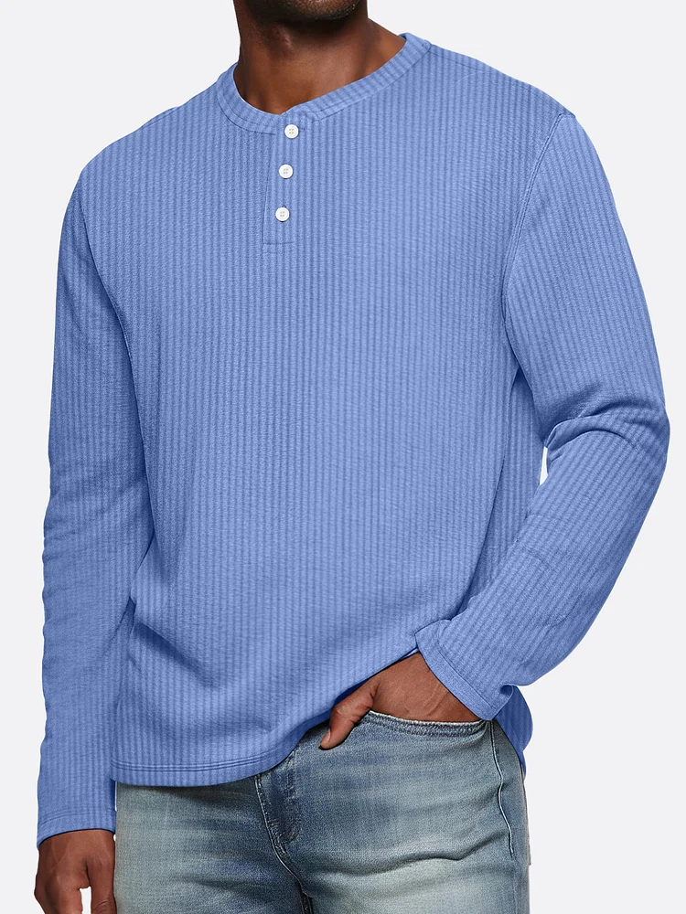 Men's Casual Pit Striped Solid Color Comfortable Long-sleeved Henley Shirt
