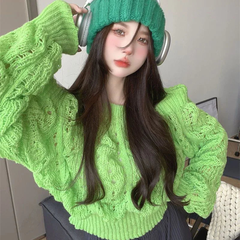 Chic Knitted Sweater Women Hollow Long Sleeved Slim Fall Pullover Elegant O-Neck Vintage Solid Twist Harajuku Cropped Jumpers Aiertu
