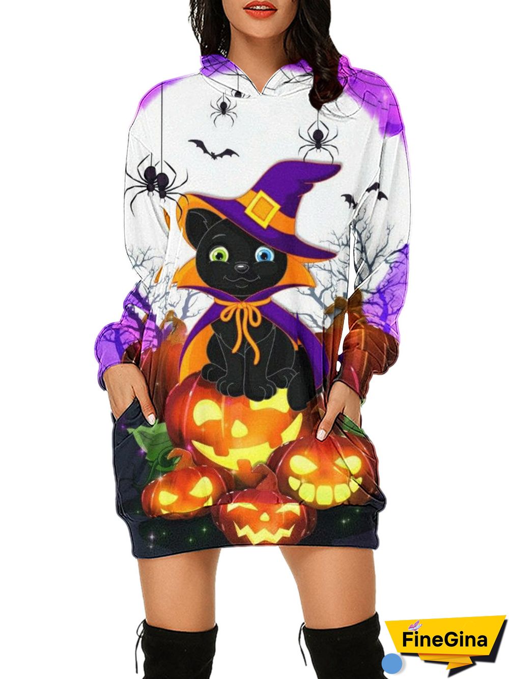 Women's  Halloween Graphic Printed V-Neck Hooded Long Sleeve Maxi Dress