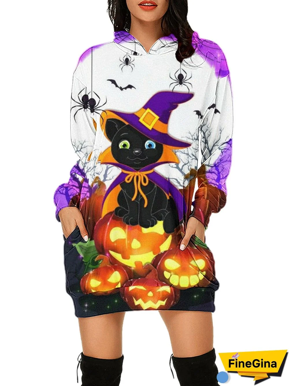 Women's  Halloween Graphic Printed V-Neck Hooded Long Sleeve Maxi Dress