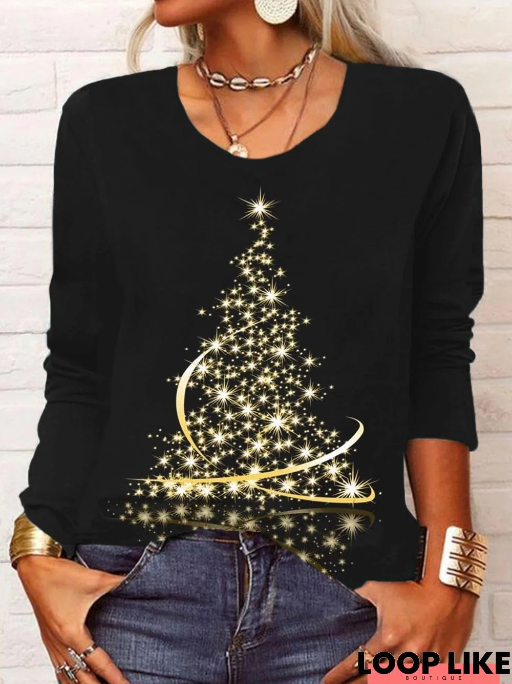 Women's Casual Christmas Trees Top Long Sleeve Crew Neck Printed T-shirt