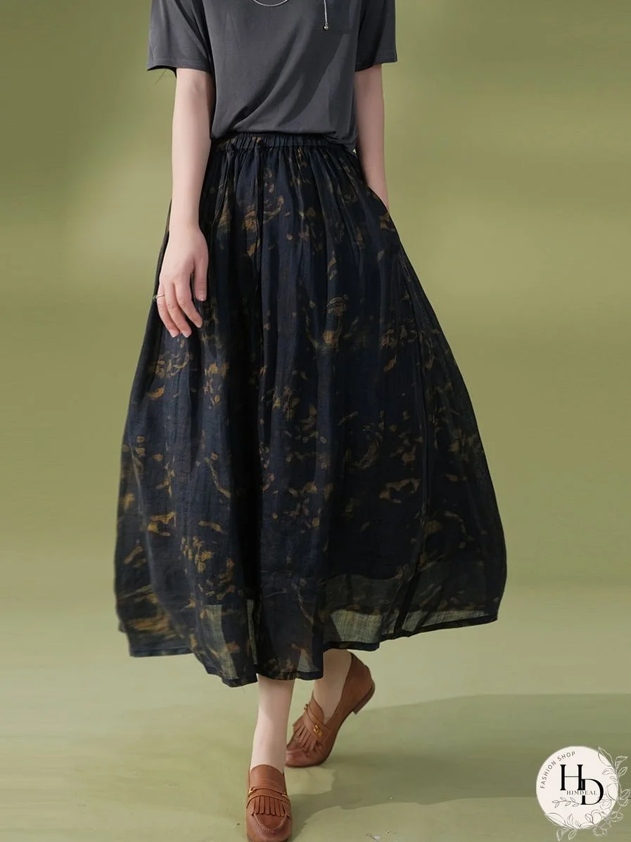 Women Summer Artsy Flower Drawstring Pocket Ramie Skirt