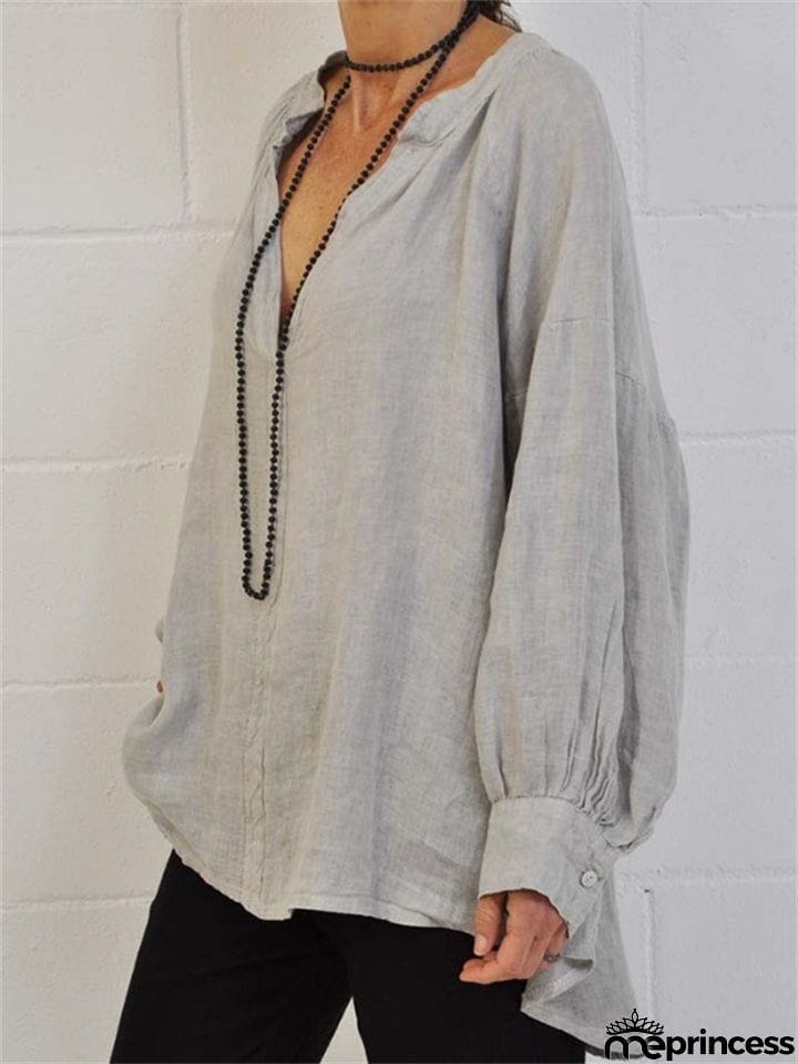 Women's Loose Pullover Style Solid Color V-Neck Blouse