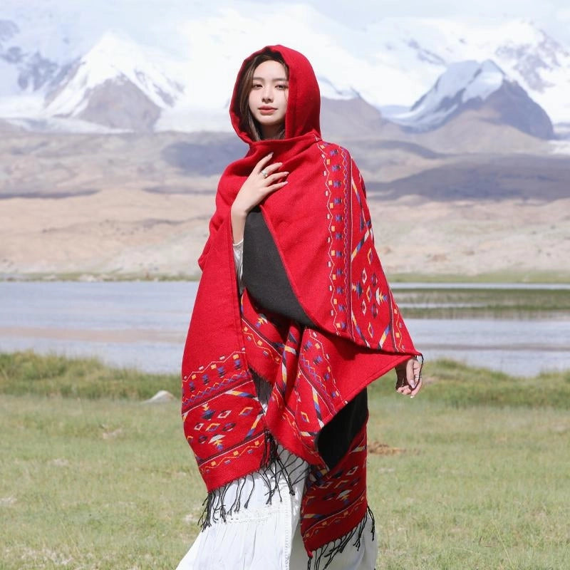 Ethnic Style Hooded Shawl Cloak Lijiang Xinjiang Tibet Northwest Tourism Wear Photograph Warm Outer Cape