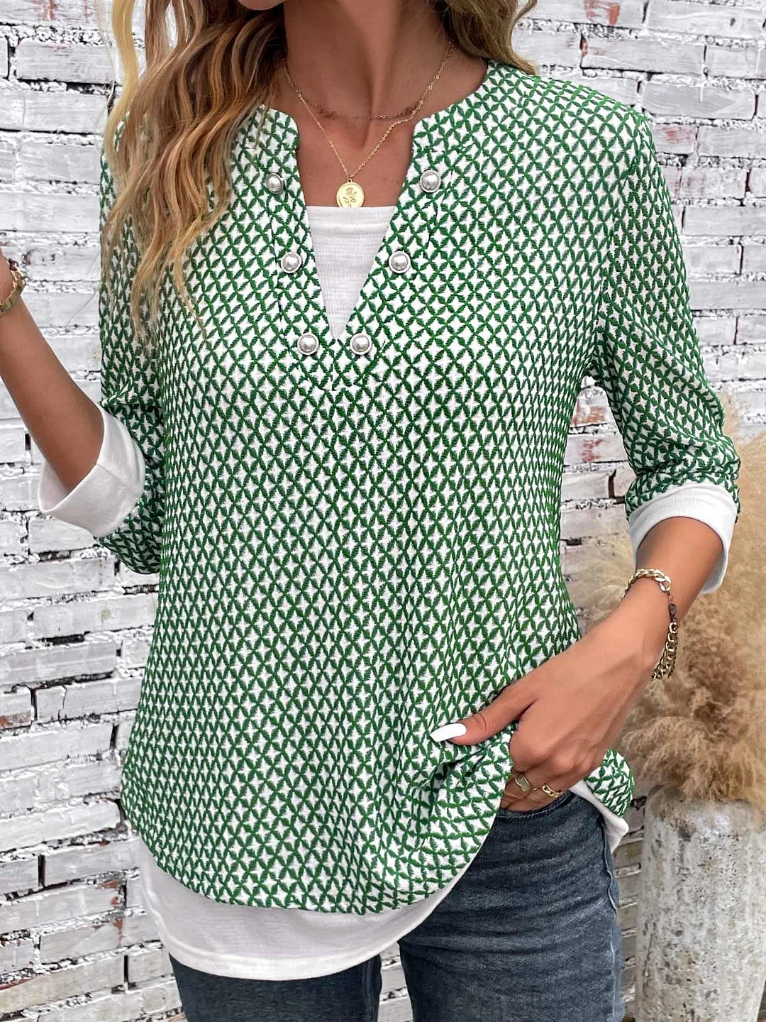Women Long Sleeve V-neck Plaid Graphic Button Tops