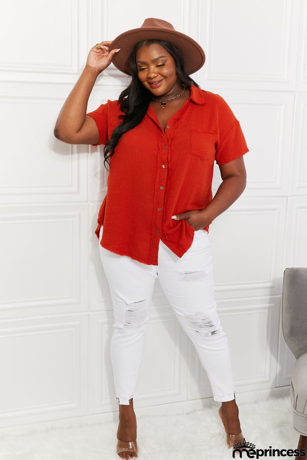 Zenana Full Size Summer Breeze Gauze Short Sleeve Shirt in Copper