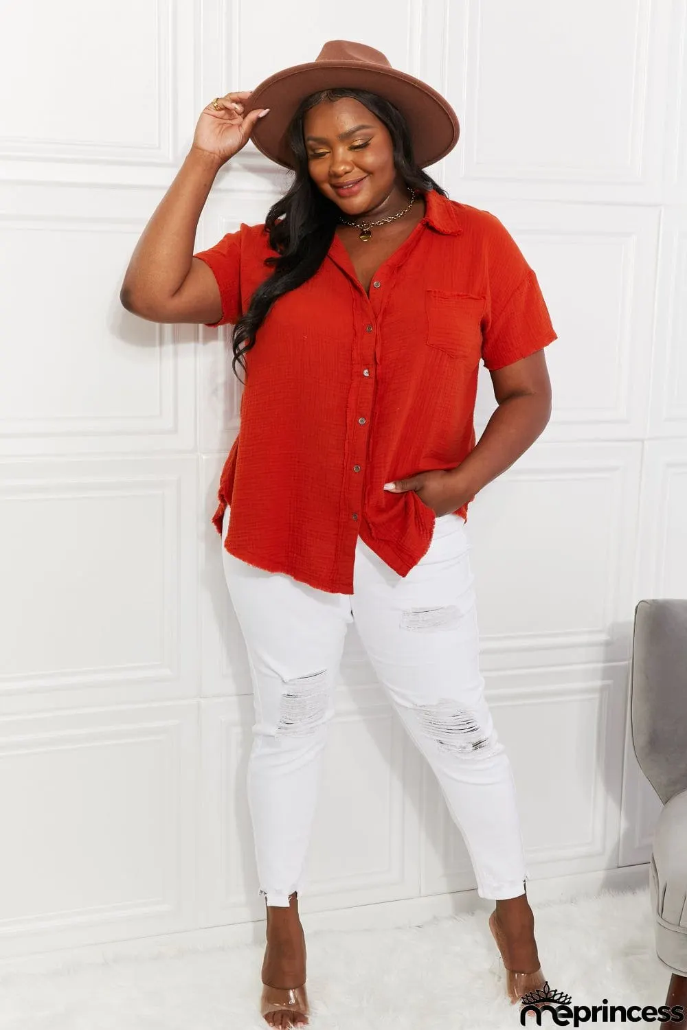 Zenana Full Size Summer Breeze Gauze Short Sleeve Shirt in Copper