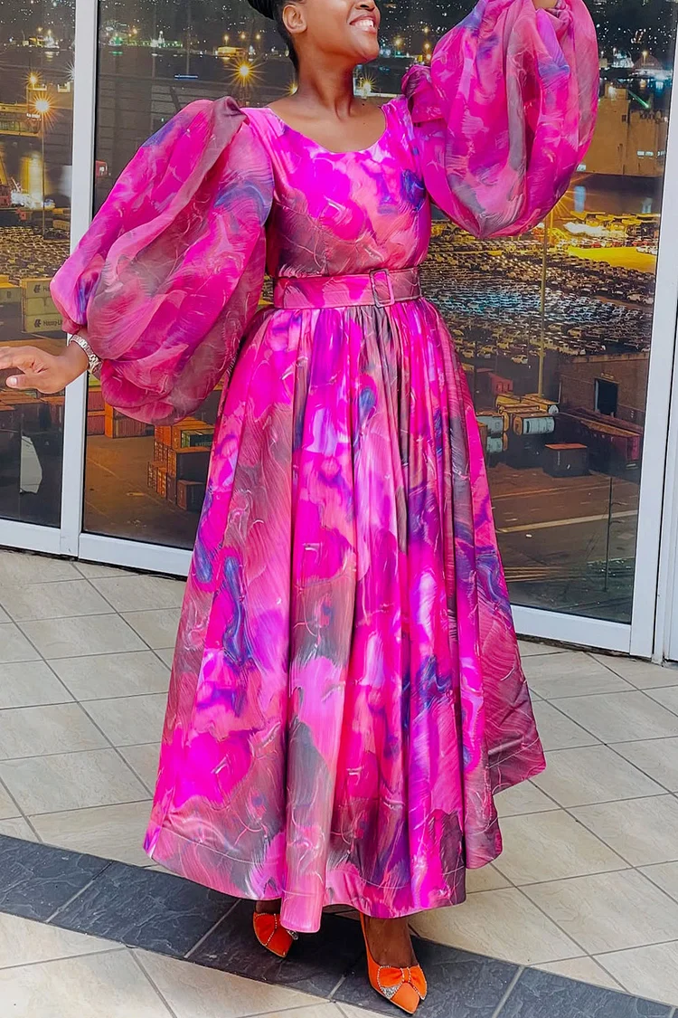 Plus Size Wedding Guest Pink Elegant Floral Round Neck Puff Sleeve 3/4 Sleeve Pleated Organza Maxi Dresses [Pre-Order]