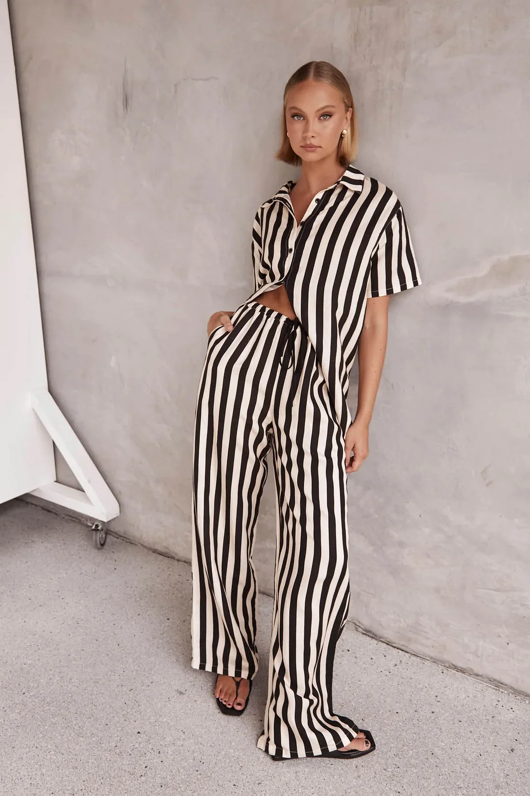 Brownm Brownm Summer Women's Fashion Casual Polo Collar Stripe Color Patchwork Short Sleeve Set 88175