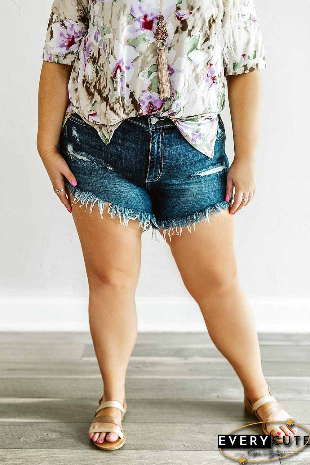 High Rise Raw Hem Plus Size Denim Shorts