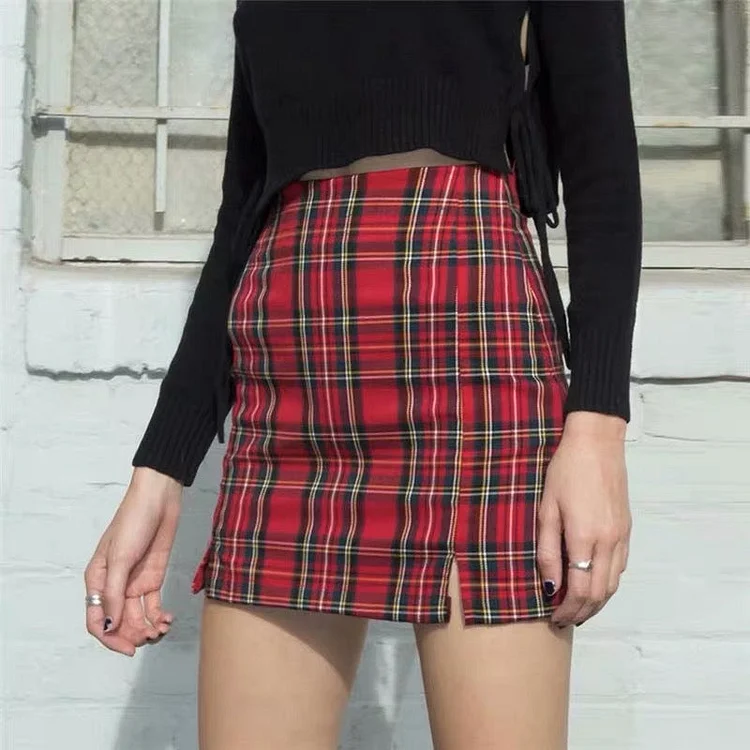 Japanese Vintage Plaid Tight Skirt