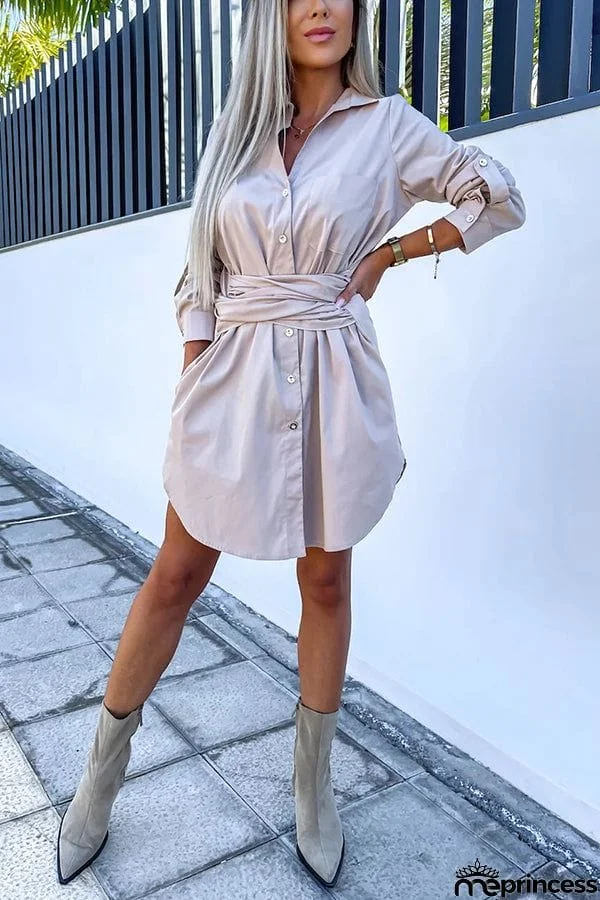 Sun Valley Tie Front Button Pocketed Shirt Mini Dress