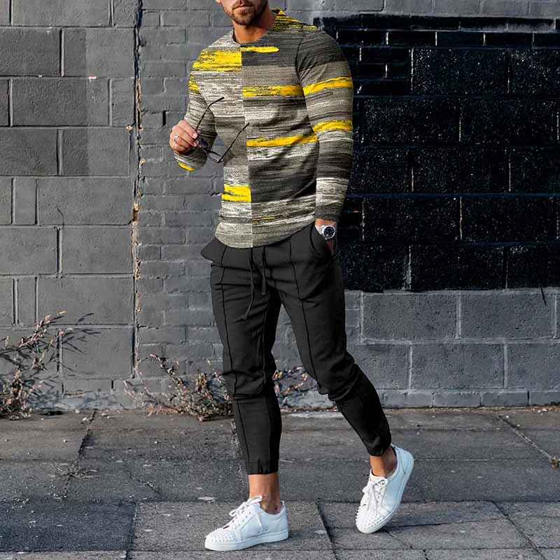 Black And Yellow Color Contrast Geometric Print T-Shirt And Pants Co-Ord