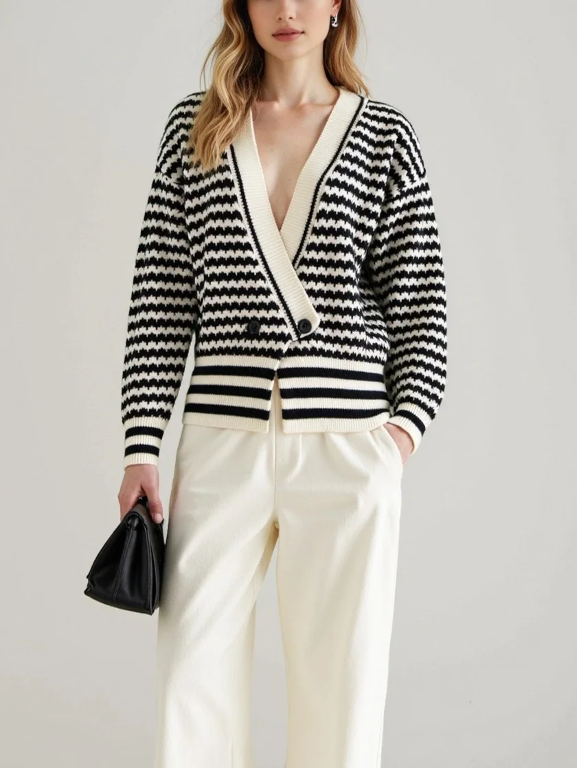 Nigikala Nigikala East Autumn And Winter V-Neck Knitted Shirt Buckle Cardigan New Striped Hit-Colored Sweater Woman