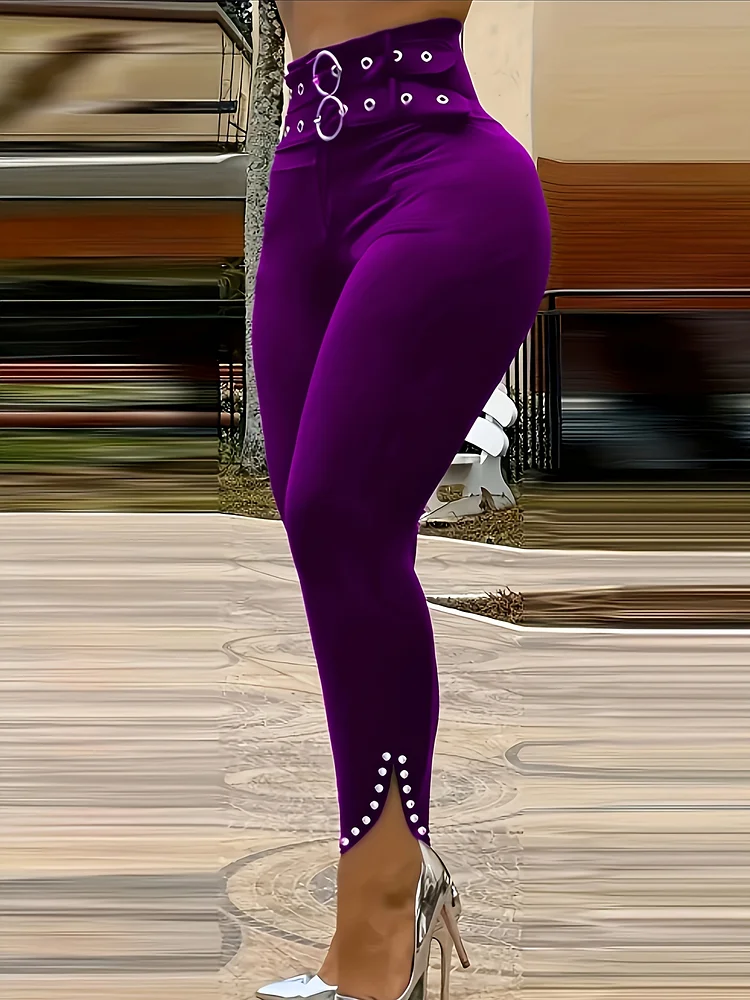 Women's High Waist Slim-Fit Purple Pants With Decorative Eyelet Buckles - Stylish And Versatile Fashion Trousers For Casual Attire, Allseason Pants | Trendy Women's Apparel | Polyester Trouser