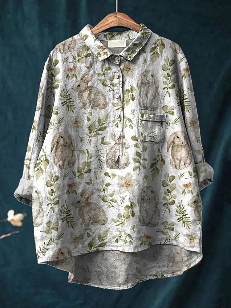 Watercolor Rabbit In Meadows Field Pattern Printed Women's Casual Cotton And Linen Shirt