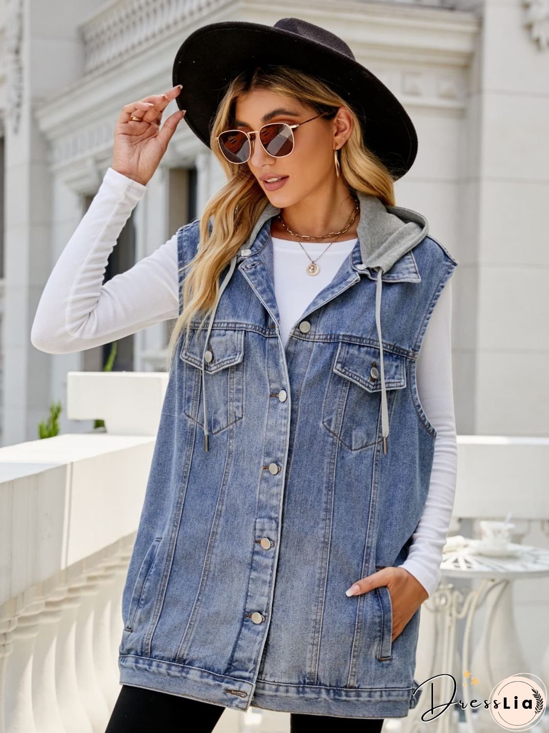 Drawstring Hooded Sleeveless Denim Top with Pockets