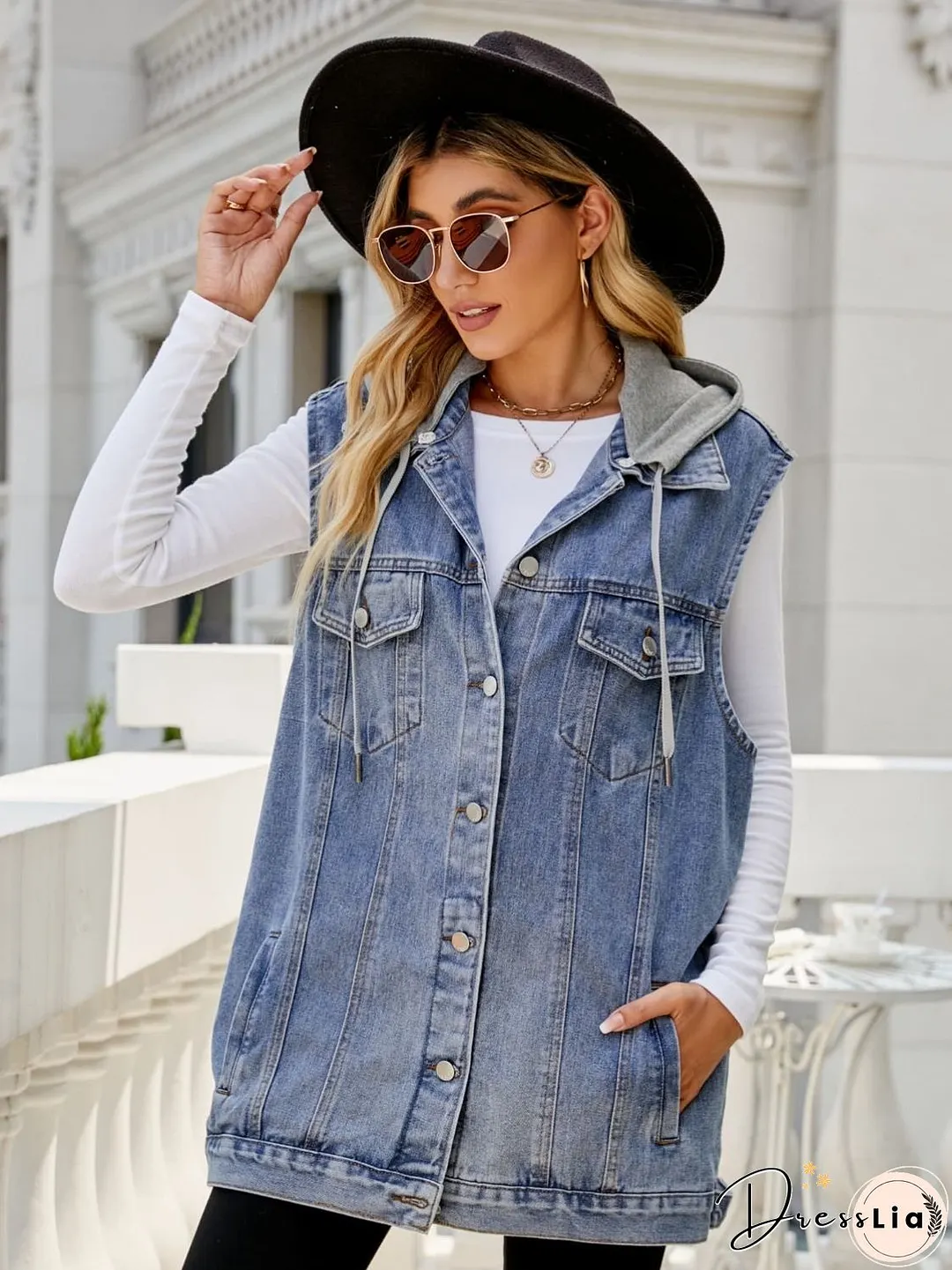 Drawstring Hooded Sleeveless Denim Top with Pockets