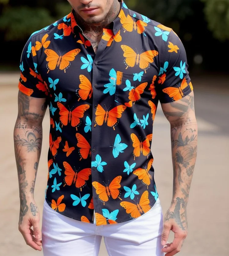 Men's Casual Butterfly Printed Holiday Short Sleeve Shirt at Hiphopee