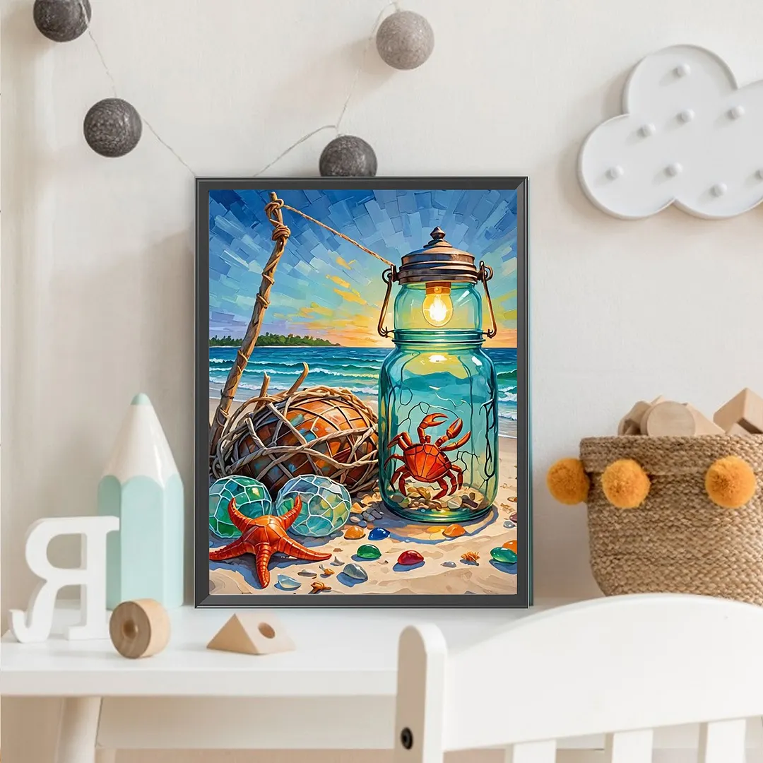 Beach Crab Jar Lantern 5D DIY Full Square Drill Diamond Painting Kits for Adults Beginners Home Decor Diamonds Dots Gem Art Kits Diamonds Paintings Gem Art 13.78x17.72inch