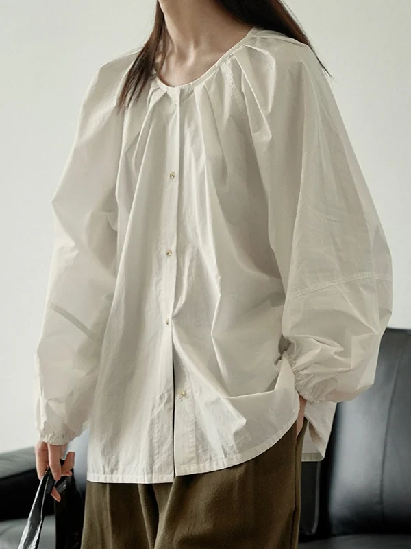 Solid Color Pleated Elasticity Buttoned Loose Long Sleeves Round-Neck Blouses&Shirts Tops