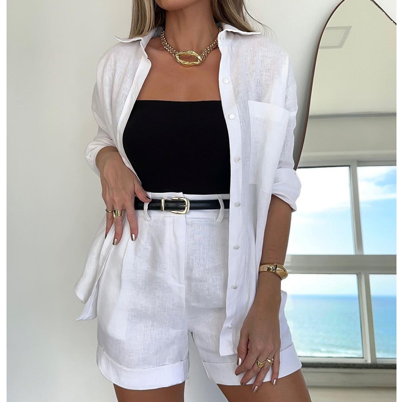 Solid Color Fashion Linen Long Sleeve Shirt Belt Shorts Women Suit